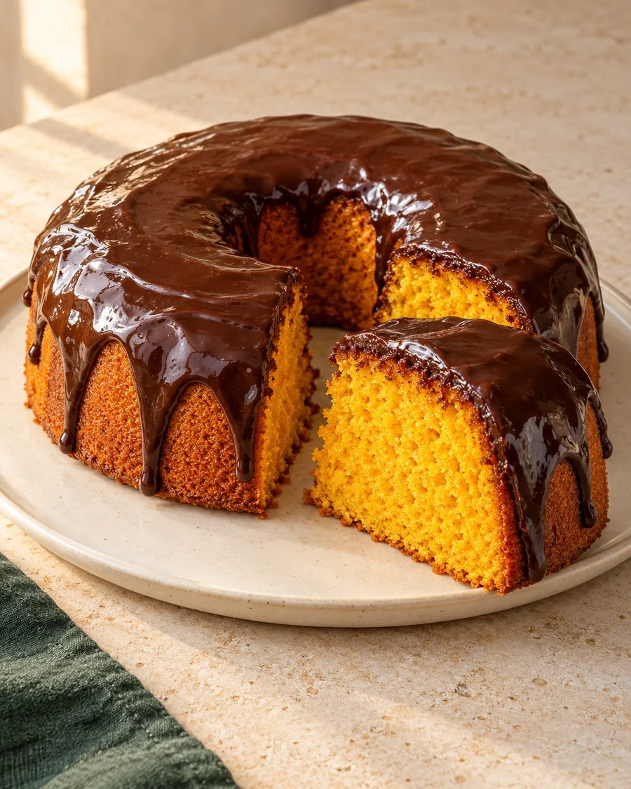 Bolo de cenoura com ganache de chocolate, com uma fatia servida.